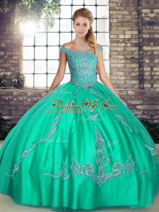 Turquoise Ball Gowns Tulle Off The Shoulder Sleeveless Beading and Embroidery Floor Length Lace Up Quince Ball Gowns