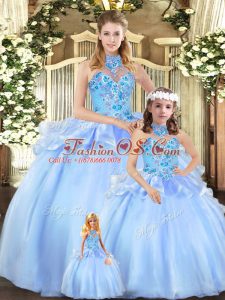 Adorable Embroidery Sweet 16 Quinceanera Dress Blue Lace Up Sleeveless Floor Length