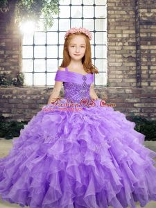 Floor Length Lavender Little Girls Pageant Dress Wholesale Straps Sleeveless Lace Up