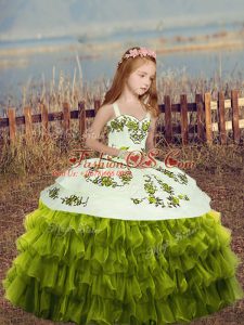 Green Little Girls Pageant Dress Wholesale Party and Wedding Party with Embroidery and Ruffled Layers Straps Sleeveless Lace Up