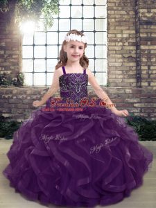 Sleeveless Tulle Floor Length Lace Up Girls Pageant Dresses in Purple with Beading and Ruffles