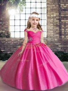Superior Tulle Straps Sleeveless Lace Up Beading Little Girls Pageant Dress Wholesale in Hot Pink