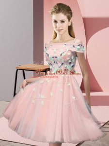 Customized Pink Empire Tulle Off The Shoulder Short Sleeves Appliques Knee Length Lace Up Bridesmaids Dress
