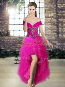Modern Fuchsia Sleeveless Beading and Ruffles High Low Prom Gown