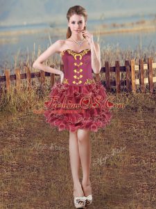 Burgundy Sweetheart Lace Up Embroidery and Ruffles Prom Dress Sleeveless