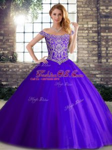 Classical Purple Ball Gowns Tulle Off The Shoulder Sleeveless Beading Lace Up Vestidos de Quinceanera Brush Train