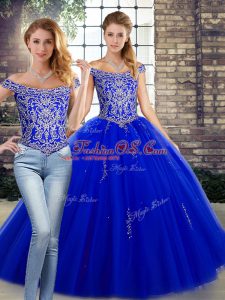 Royal Blue Sleeveless Floor Length Beading Lace Up Sweet 16 Dress
