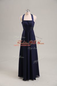 Navy Blue Empire Ruching Prom Evening Gown Lace Up Chiffon Sleeveless Floor Length
