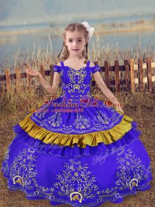 Blue Ball Gowns Satin Off The Shoulder Sleeveless Beading and Embroidery Floor Length Lace Up Kids Formal Wear