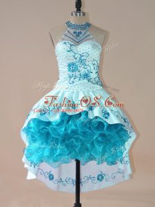 Romantic Sleeveless High Low Embroidery and Ruffles Lace Up Prom Dress with Aqua Blue