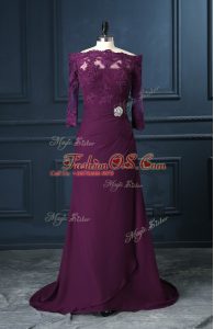 Dazzling Purple Chiffon Zipper Scalloped Sleeveless Mother Of The Bride Dress Brush Train Beading and Lace
