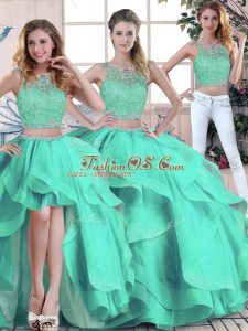 Turquoise Tulle Zipper Sweet 16 Quinceanera Dress Sleeveless Floor Length Beading and Ruffles