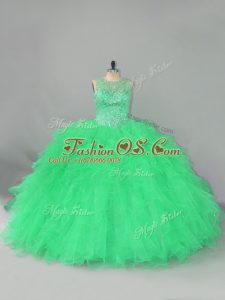 Lovely Sleeveless Floor Length Beading and Ruffles Lace Up Sweet 16 Dress with Green