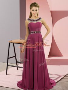 Stunning Fuchsia Empire Scoop Sleeveless Chiffon Brush Train Zipper Beading Prom Homecoming Dress