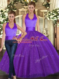 Floor Length Two Pieces Sleeveless Purple Sweet 16 Dress Lace Up