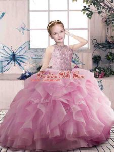Beading and Ruffles Pageant Gowns For Girls Pink Zipper Sleeveless Floor Length