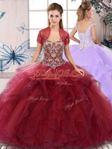 Fabulous Tulle Off The Shoulder Sleeveless Lace Up Beading and Ruffles Quinceanera Gown in Burgundy