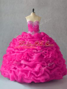 Luxury Sleeveless Floor Length Beading and Pick Ups and Hand Made Flower Lace Up Quinceanera Dresses with Fuchsia