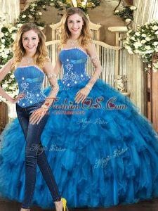 Stylish Floor Length Lace Up 15th Birthday Dress Blue for Sweet 16 and Quinceanera with Beading and Ruffles