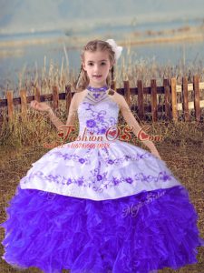 Modern Floor Length Lavender Kids Pageant Dress Halter Top Sleeveless Lace Up