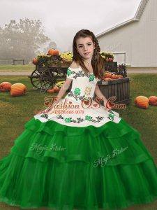 Tulle Straps Sleeveless Lace Up Embroidery and Ruffled Layers Kids Formal Wear in Green