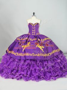 Vintage Purple Sweetheart Lace Up Embroidery and Ruffled Layers Quinceanera Dress Brush Train Sleeveless