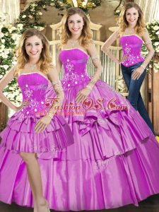 Sexy Lilac 15th Birthday Dress Sweet 16 and Quinceanera with Beading and Ruffled Layers Strapless Sleeveless Lace Up