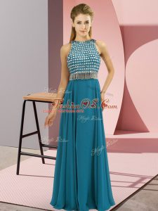 Flare Floor Length Side Zipper Prom Party Dress Teal for Prom and Party and Military Ball with Beading