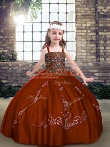 Excellent Rust Red Tulle Lace Up Little Girls Pageant Dress Sleeveless Floor Length Beading