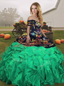 Deluxe Green Sweet 16 Quinceanera Dress Military Ball and Sweet 16 and Quinceanera with Embroidery and Ruffles Off The Shoulder Sleeveless Lace Up