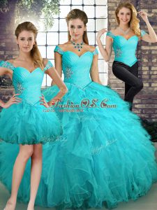 Floor Length Lace Up Quinceanera Dresses Aqua Blue for Military Ball and Sweet 16 and Quinceanera with Beading and Ruffles