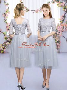 Captivating Tea Length Grey Bridesmaid Gown Tulle Half Sleeves Lace and Belt