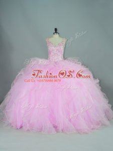 Glorious Lilac Lace Up V-neck Beading and Ruffles Sweet 16 Dresses Tulle Sleeveless Brush Train