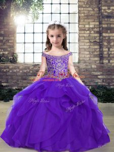 Custom Fit Purple Scoop Neckline Beading Little Girls Pageant Dress Sleeveless Lace Up