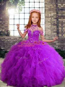 Sleeveless Lace Up Floor Length Beading and Ruffles Kids Pageant Dress