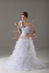 Cute Sleeveless Brush Train Ruffles and Hand Made Flower Lace Up Wedding Gown