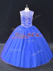 Blue Ball Gowns Tulle Scoop Sleeveless Beading Floor Length Lace Up Quinceanera Dresses