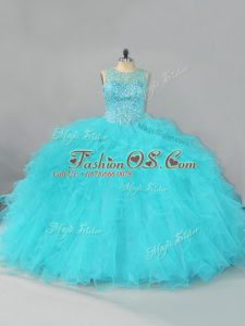 Floor Length Aqua Blue Quinceanera Gowns Scoop Sleeveless Lace Up