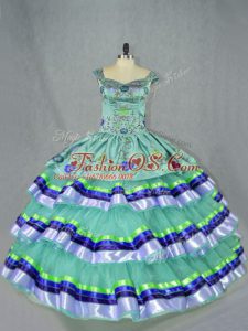 Colorful Apple Green Straps Neckline Embroidery and Ruffled Layers Ball Gown Prom Dress Sleeveless Lace Up