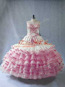 Pink And White Lace Up Sweetheart Embroidery and Ruffled Layers and Bowknot Quinceanera Dresses Organza Sleeveless