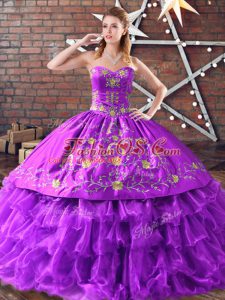 High Quality Floor Length Lace Up Sweet 16 Dresses Purple for Sweet 16 and Quinceanera with Embroidery and Ruffled Layers