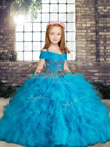 Baby Blue Ball Gowns Beading and Ruffles Little Girls Pageant Gowns Lace Up Tulle Sleeveless Floor Length