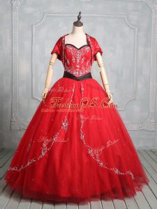 Super Red Sleeveless Embroidery Floor Length 15 Quinceanera Dress