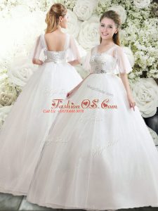 Straps Half Sleeves Tulle Wedding Gown Beading and Appliques Lace Up