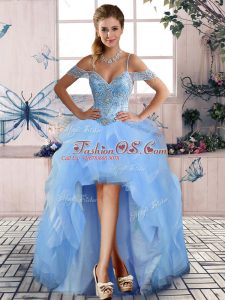 Dazzling Light Blue A-line Beading and Ruffles Prom Dresses Lace Up Tulle Sleeveless High Low