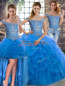 Flare Blue Sleeveless Brush Train Beading and Ruffles Quinceanera Gown