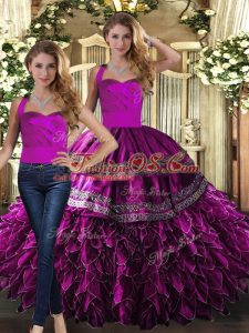 Embroidery and Ruffles Quinceanera Dresses Fuchsia Lace Up Sleeveless Floor Length