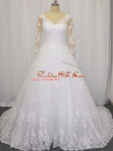 Gorgeous White V-neck Neckline Beading and Lace Wedding Dress 3 4 Length Sleeve Zipper