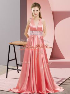 Attractive Watermelon Red Elastic Woven Satin Backless Evening Dress Sleeveless Brush Train Beading