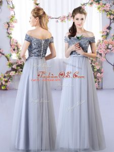 Custom Designed Off The Shoulder Sleeveless Vestidos de Damas Floor Length Appliques Grey Tulle